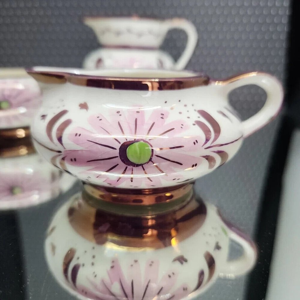 OLS1 by Old Castle Lusterware Creamer and Sugar Set, Purple and Pink, England - Picture 7 of 12
